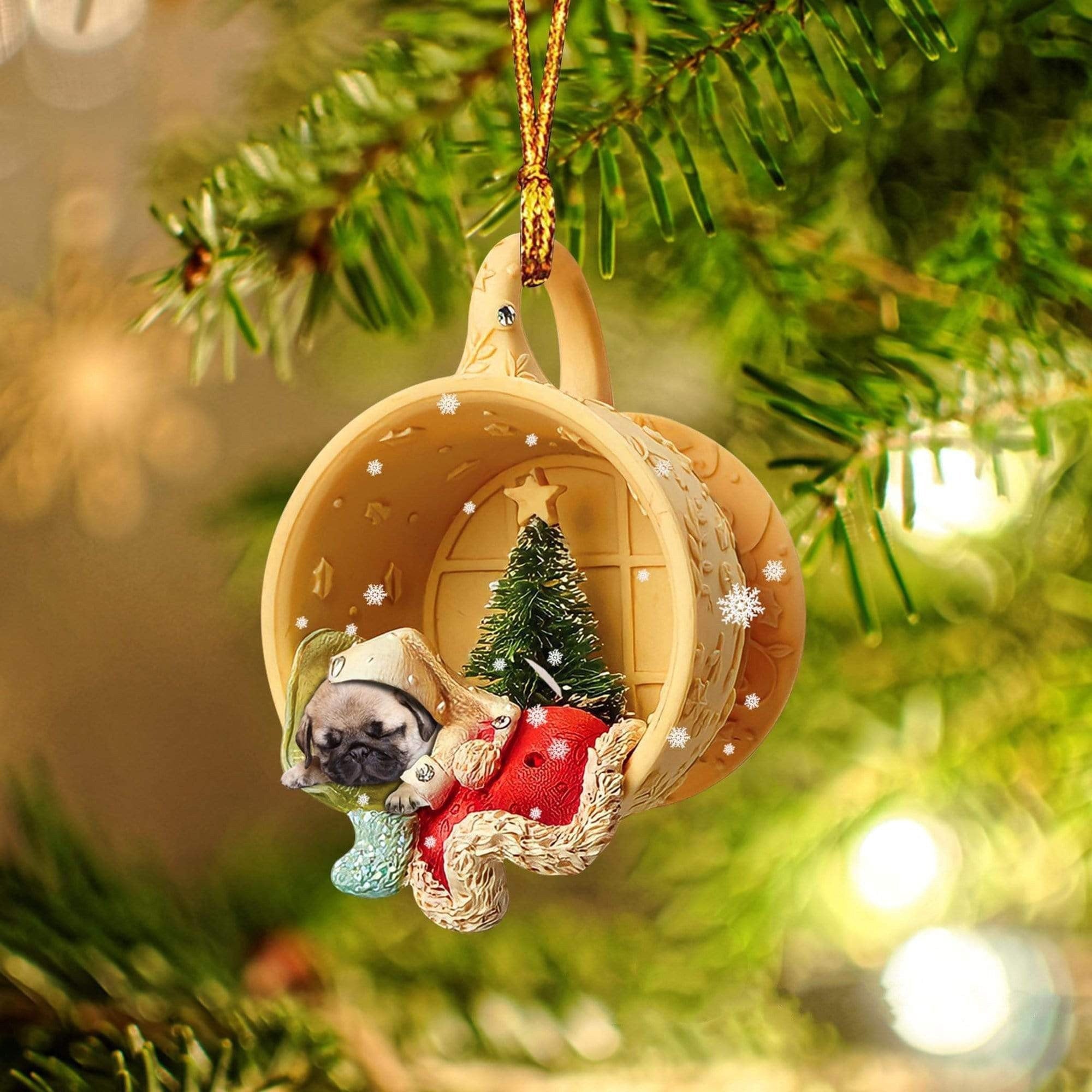 Pug Sleeping In A Cup Christmas Ornament/ Flat Acrylic Dog Christmas Ornament
