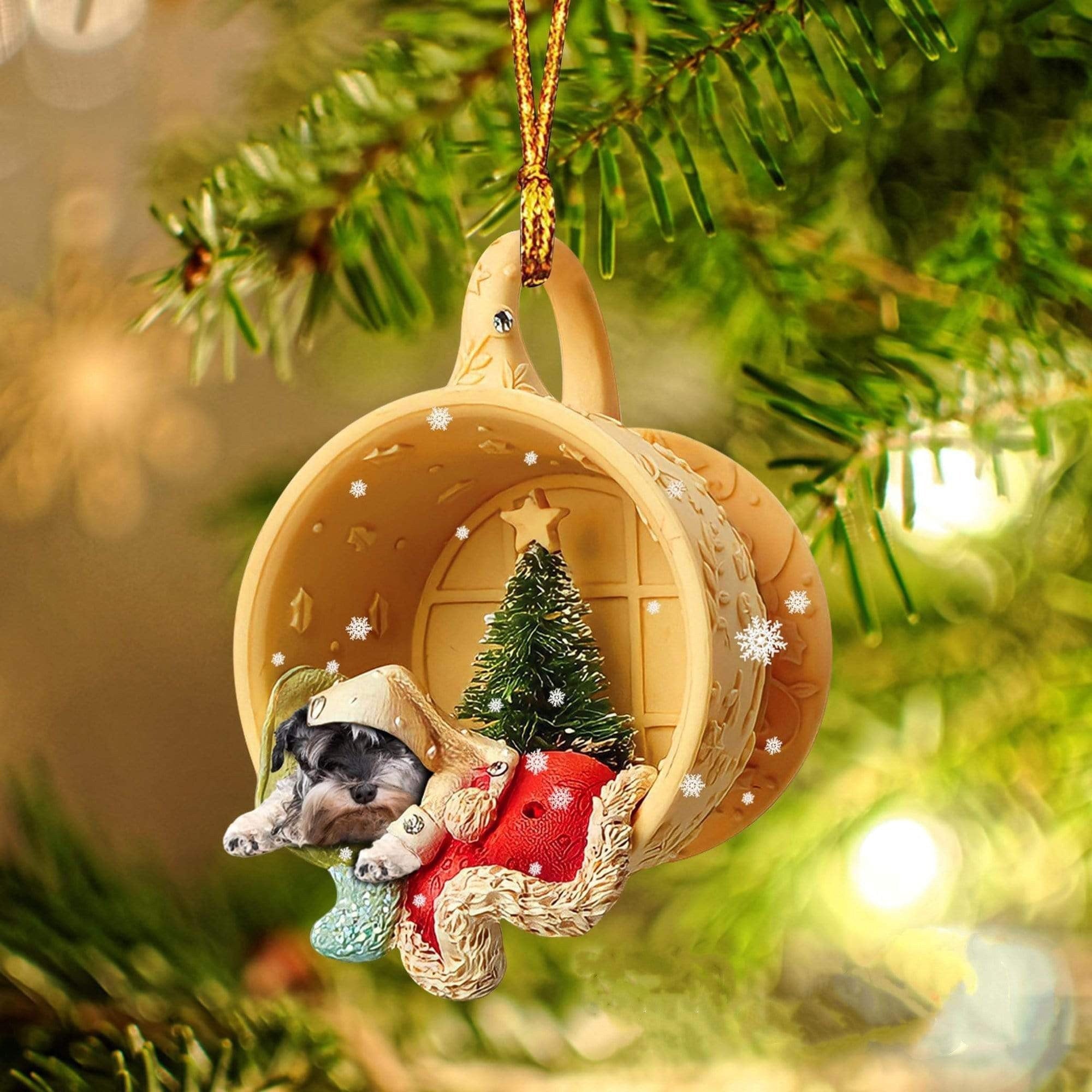 Schnauzer Sleeping In A Cup Christmas Ornament/ Flat Acrylic Dog Christmas Ornament