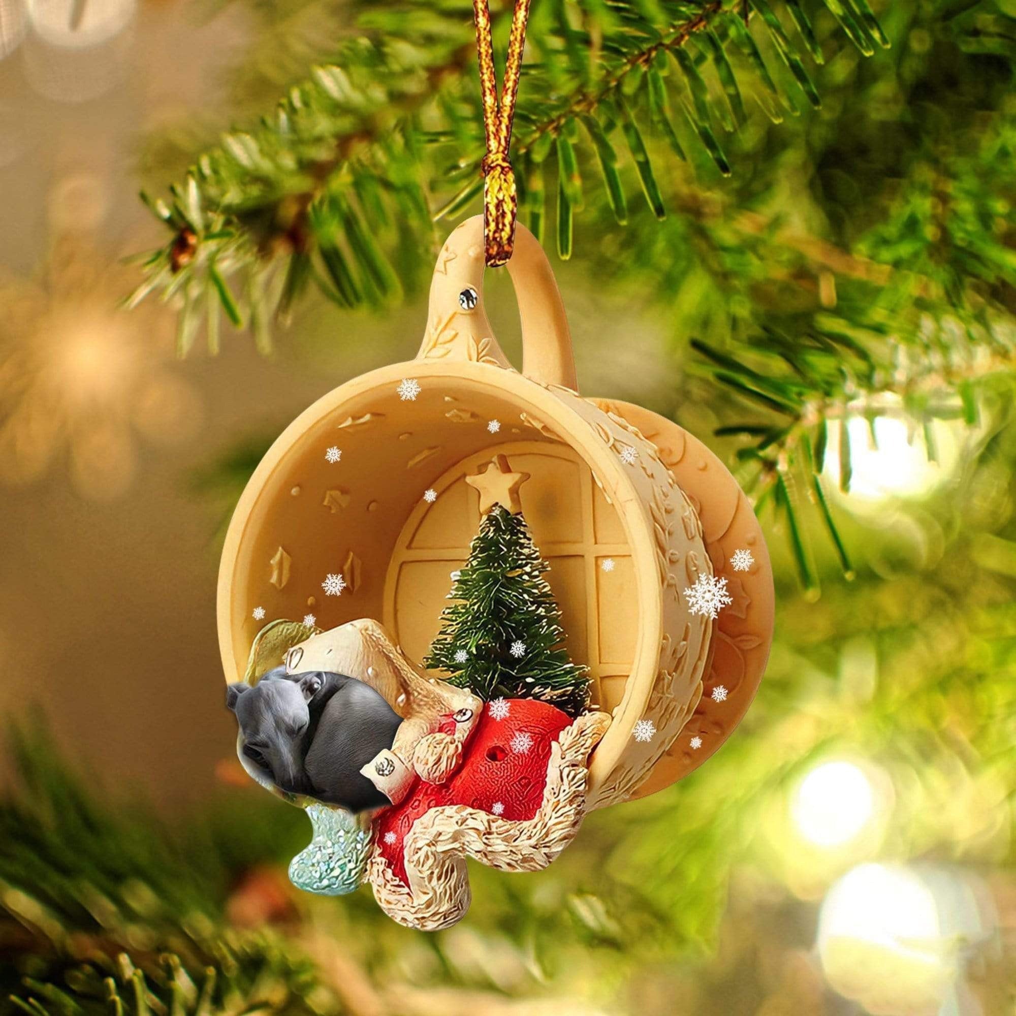Grey Hound Sleeping In A Cup Christmas Ornament/ Flat Acrylic Dog Christmas Ornament