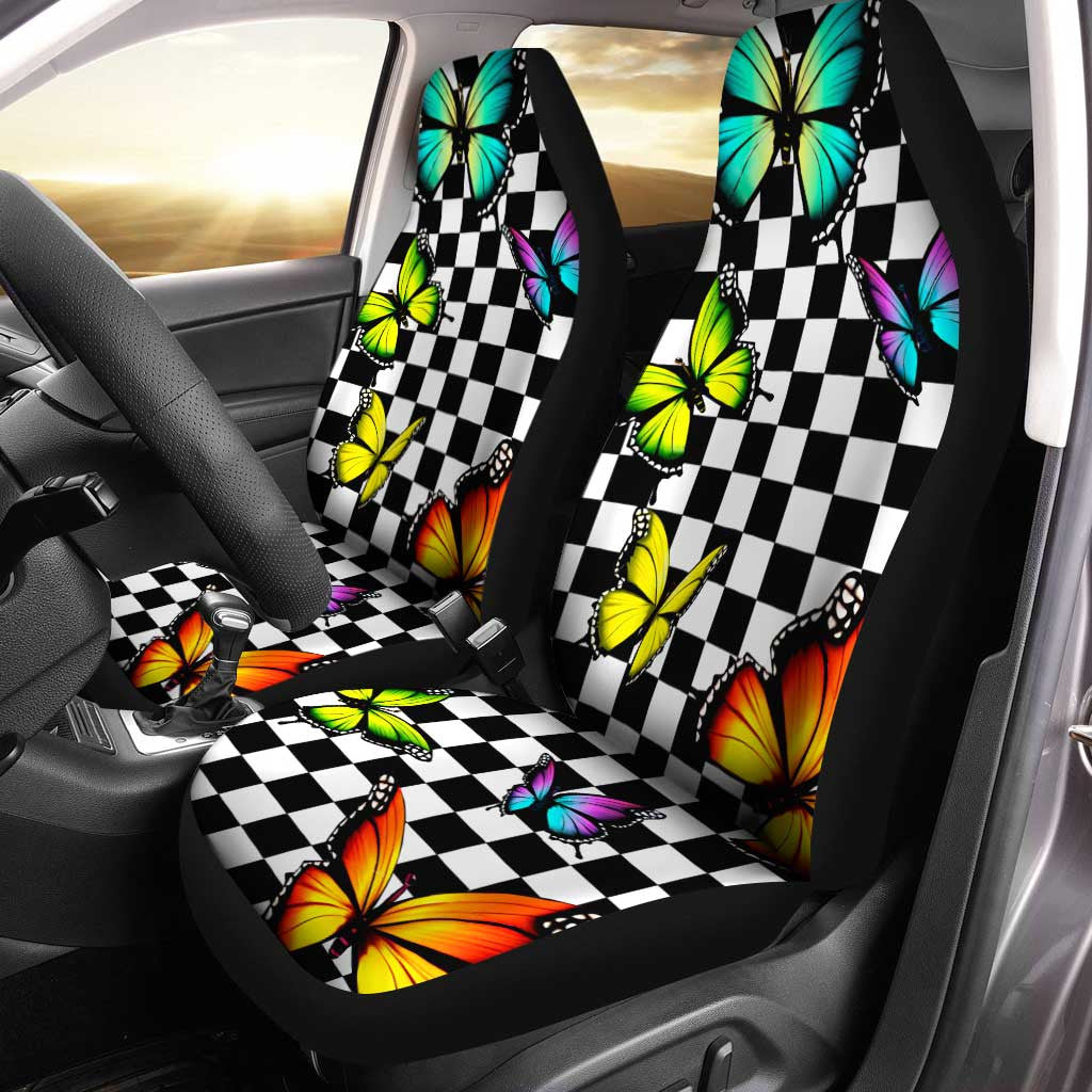 Checkerboard Butterfly Car Seat Covers Custom Colorful Car Accessories