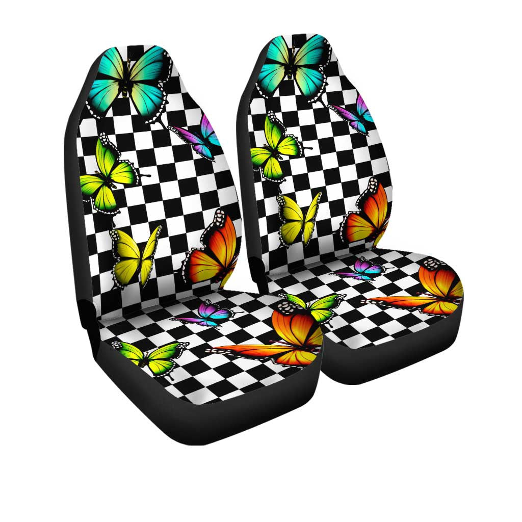 Checkerboard Butterfly Car Seat Covers Custom Colorful Car Accessories