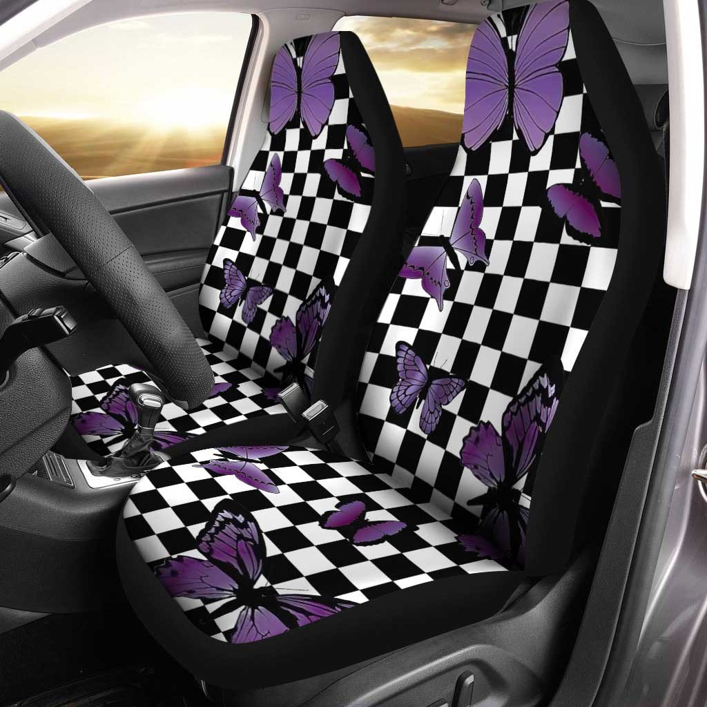 Purple Butterfly Car Seat Covers Custom Checkerboard Car Accessories