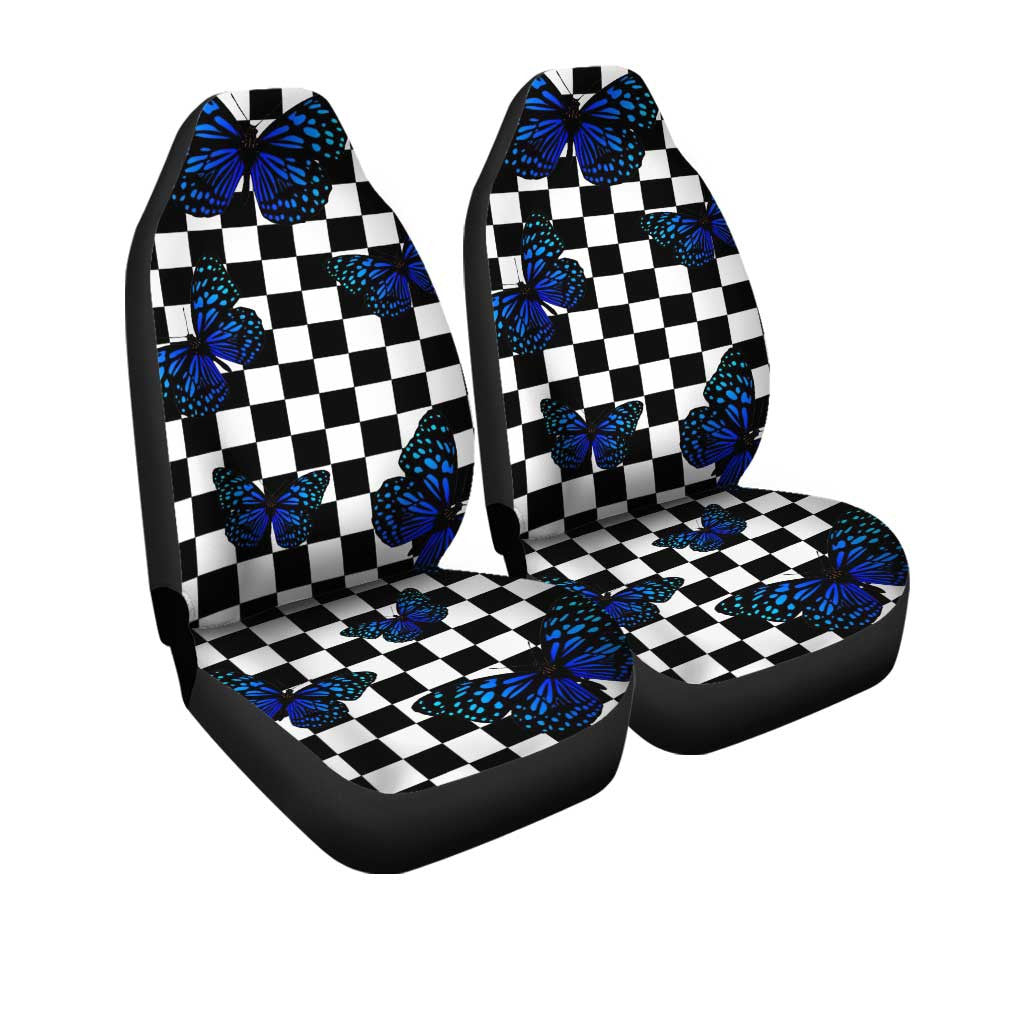 Blue Butterfly Checkerboard Car Seat Covers Custom Car Accessories