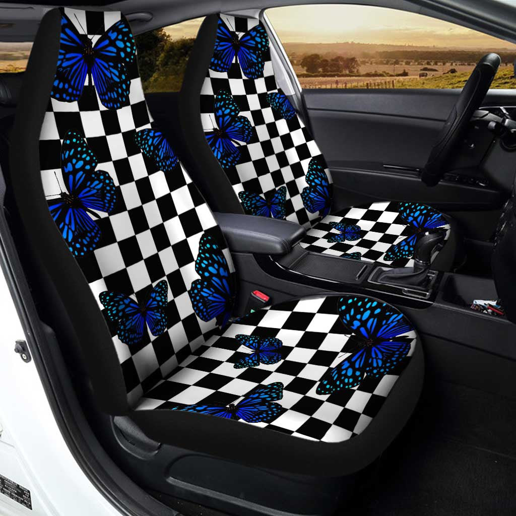 Blue Butterfly Checkerboard Car Seat Covers Custom Car Accessories