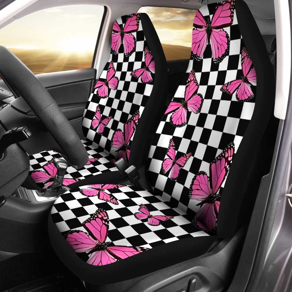 Pink Butterfly Car Seat Covers Custom Checkerboard Car Accessories