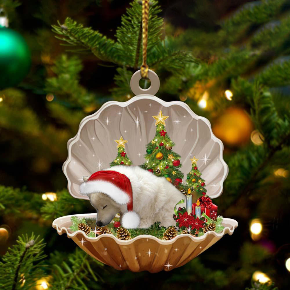 American Eskimo2  Sleeping in Pearl Dog Christmas Ornament Flat Acrylic