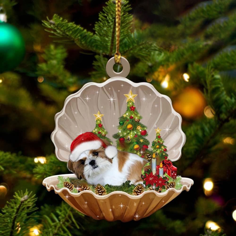 Gold White Shih Tzu  Sleeping in Pearl Dog Christmas Ornament Flat Acrylic
