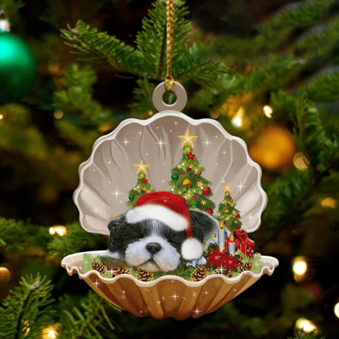 Black White Shih Tzu3  Sleeping in Pearl Dog Christmas Ornament Flat Acrylic