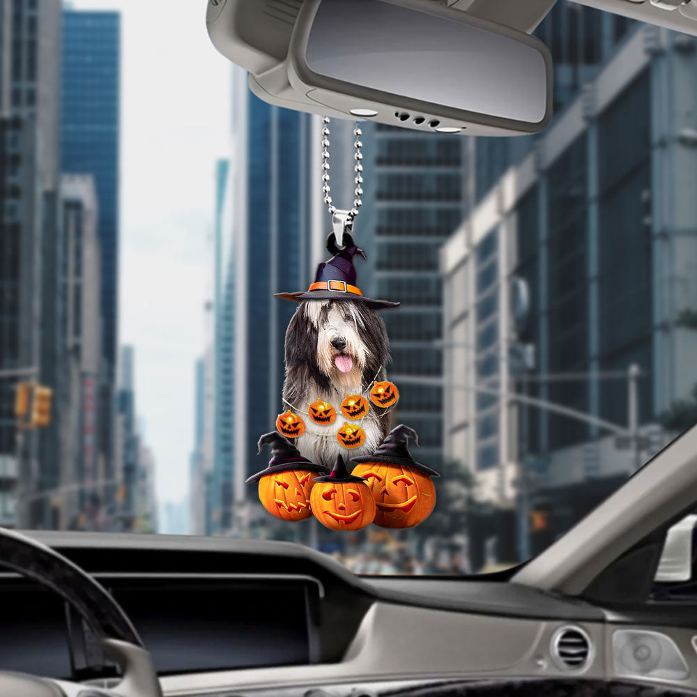 Bearded Collie Dog Halloween Pumpkin Scary Car Ornament