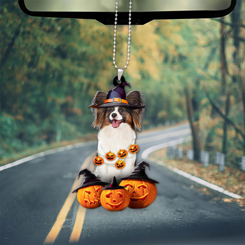Papillon Dog Halloween Pumpkin Scary Car Ornament