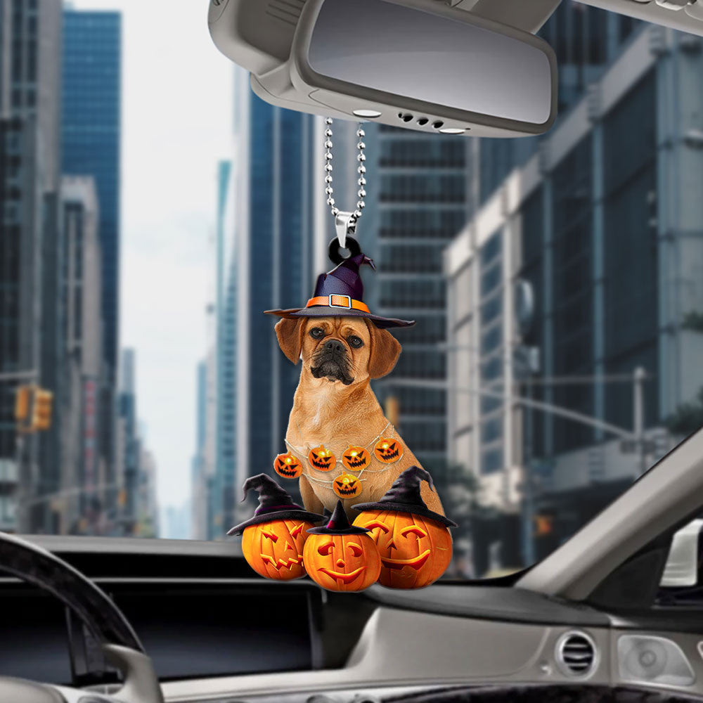 Puggle Halloween Pumpkin Scary Car Ornament