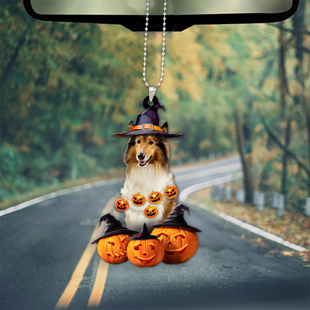 Rough Collie Halloween Pumpkin Scary Car Ornament