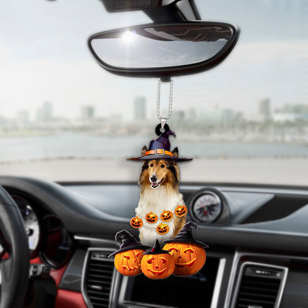 Rough Collie Halloween Pumpkin Scary Car Ornament