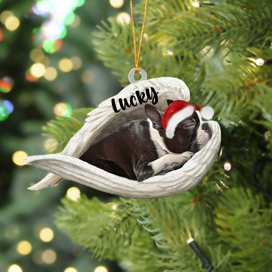 Personalized Boston Terrier Sleeping Angel Christmas Flat Acrylic Dog Ornament Memorial Dog Gift