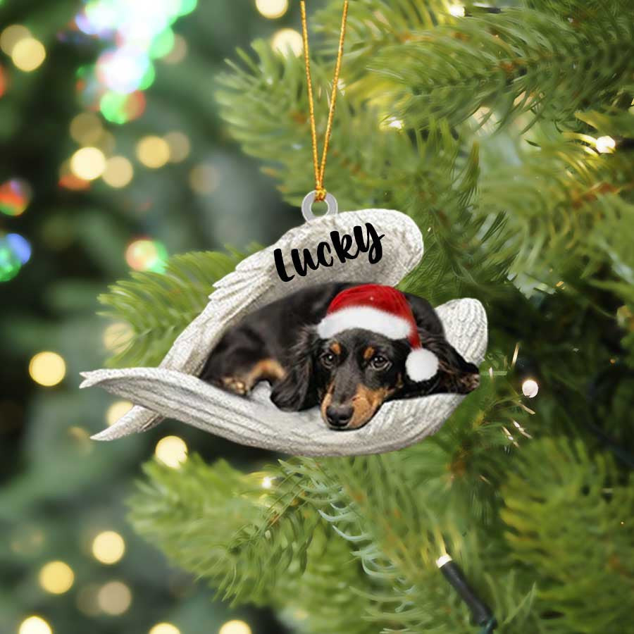 Personalized Black Dachshund Sleeping Angel Christmas Flat Acrylic Dog Ornament Memorial Dog Gift