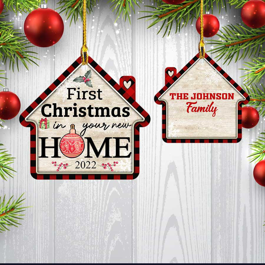 Personalized First Christmas New Home Ornament 2022 - Custom Shaped Acrylic & Wooden Family Ornament