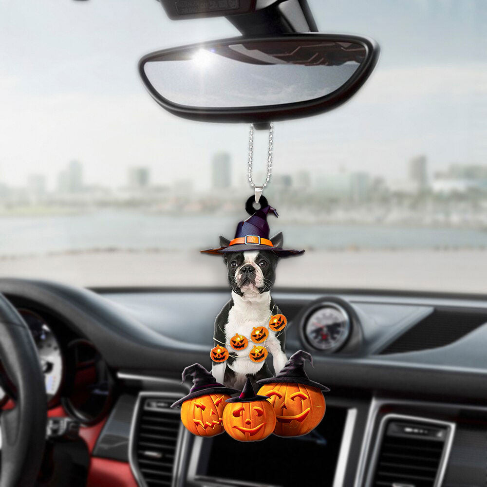 Boston Terrier Dog Halloween Pumpkin Scary Car Ornament