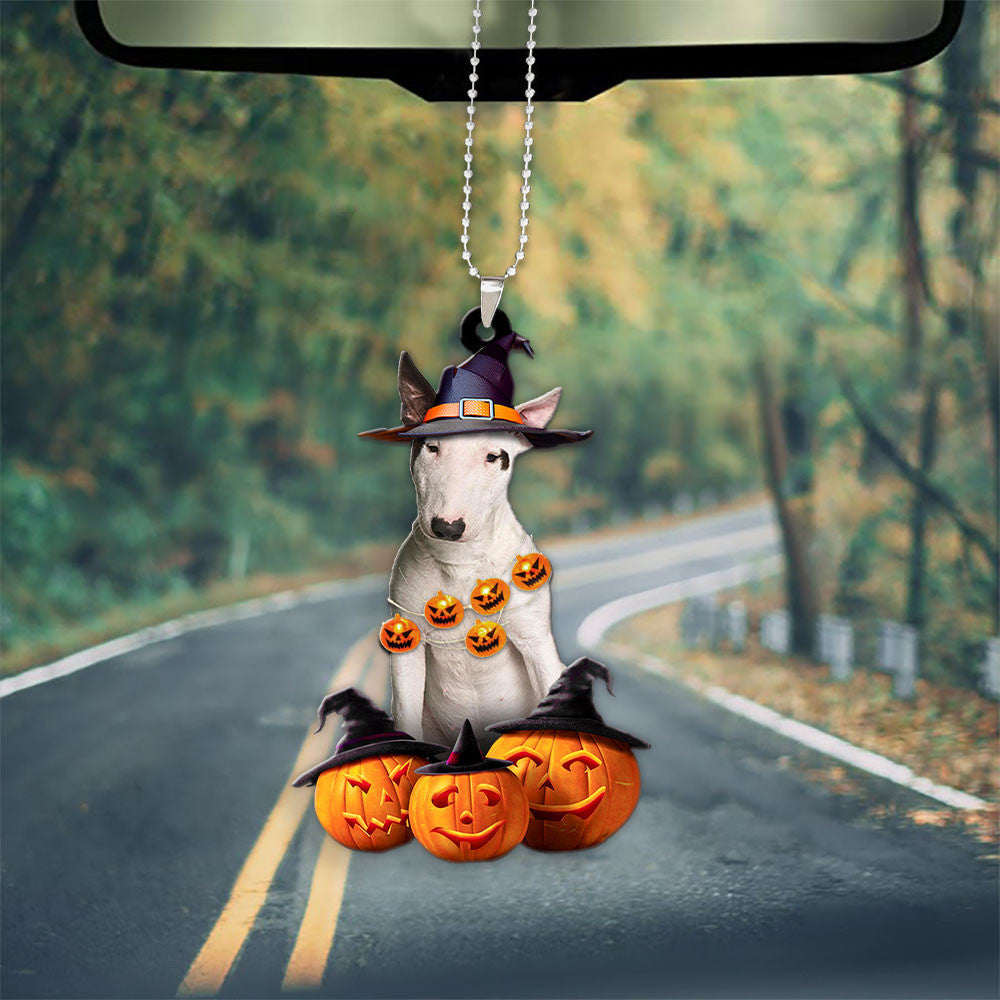 Bull Terrier Dog Halloween Pumpkin Scary Car Ornament
