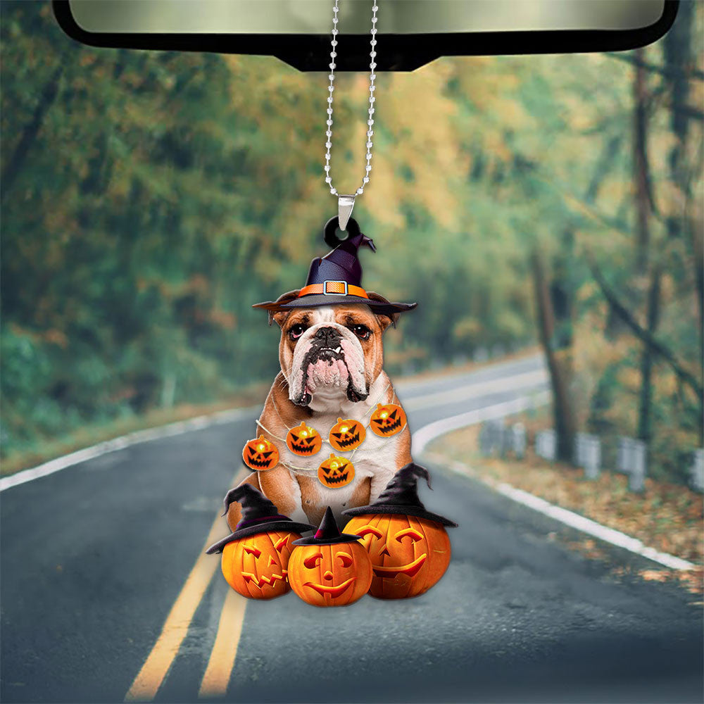 Bulldog Halloween Pumpkin Scary Car Ornament