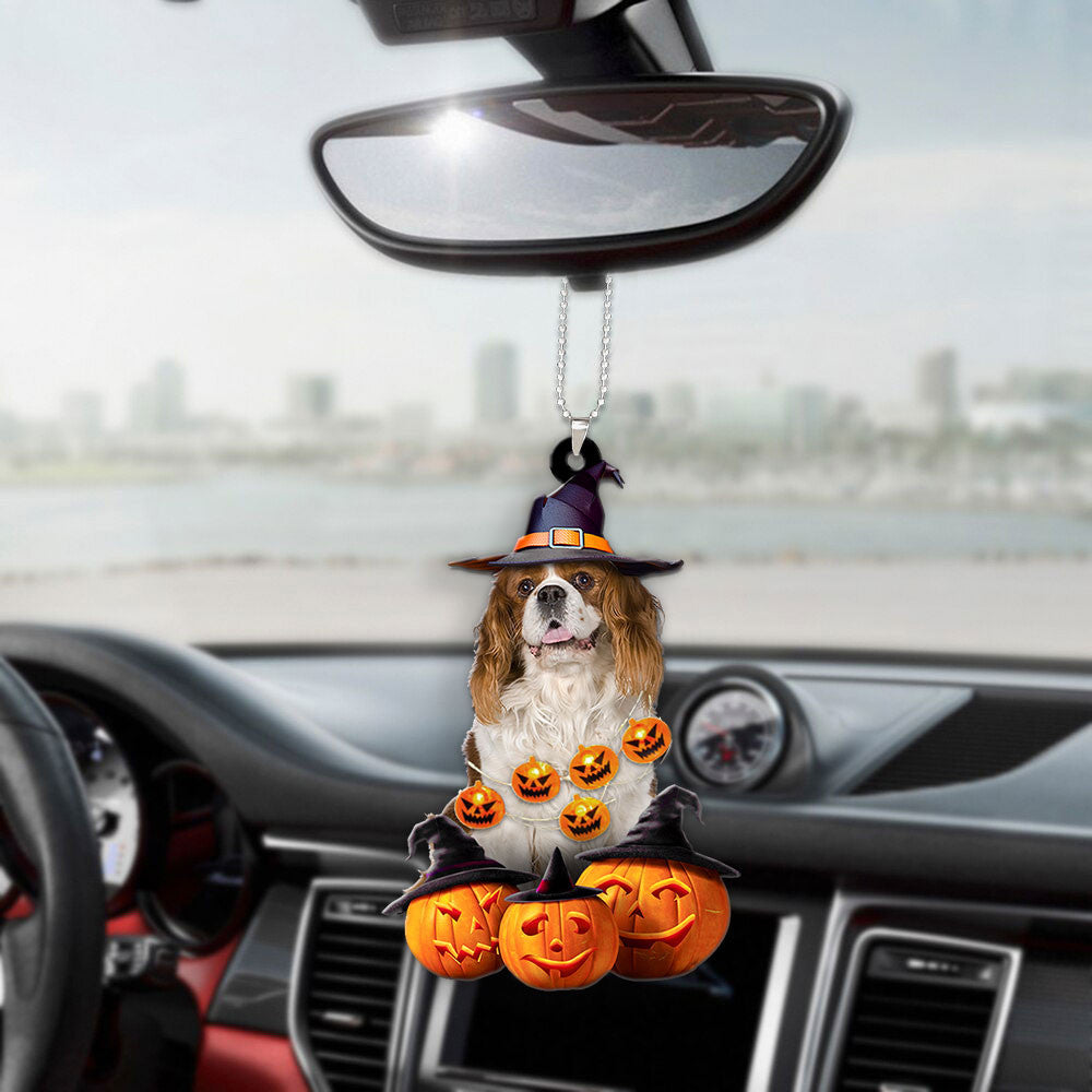 Cavalier King Charles Spaniel Dog Halloween Pumpkin Scary Car Ornament