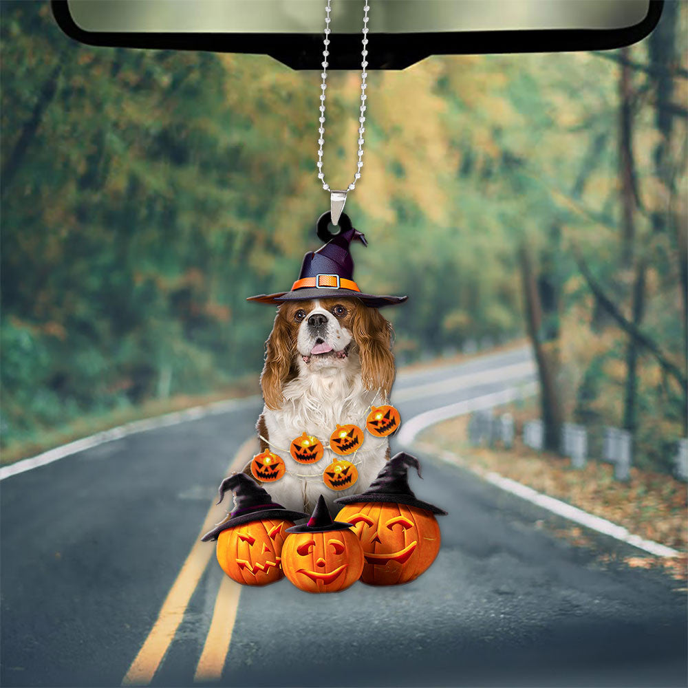 Cavalier King Charles Spaniel Dog Halloween Pumpkin Scary Car Ornament