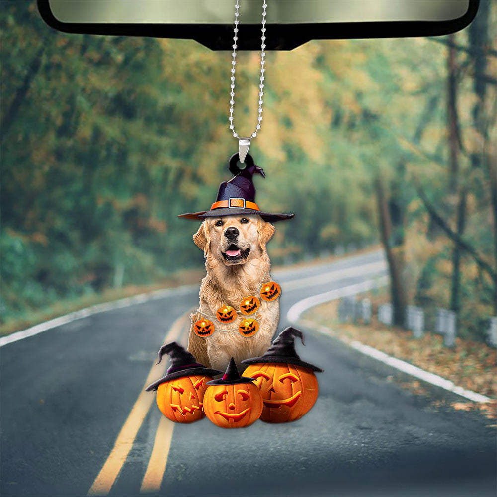 Golden Retriever Dog Halloween Pumpkin Scary Car Ornament