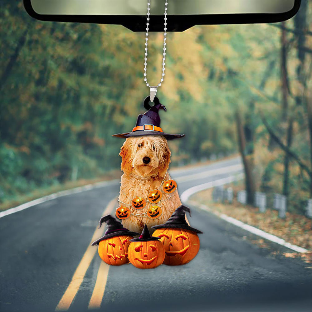 Goldendoodle Dog Halloween Pumpkin Scary Car Ornament