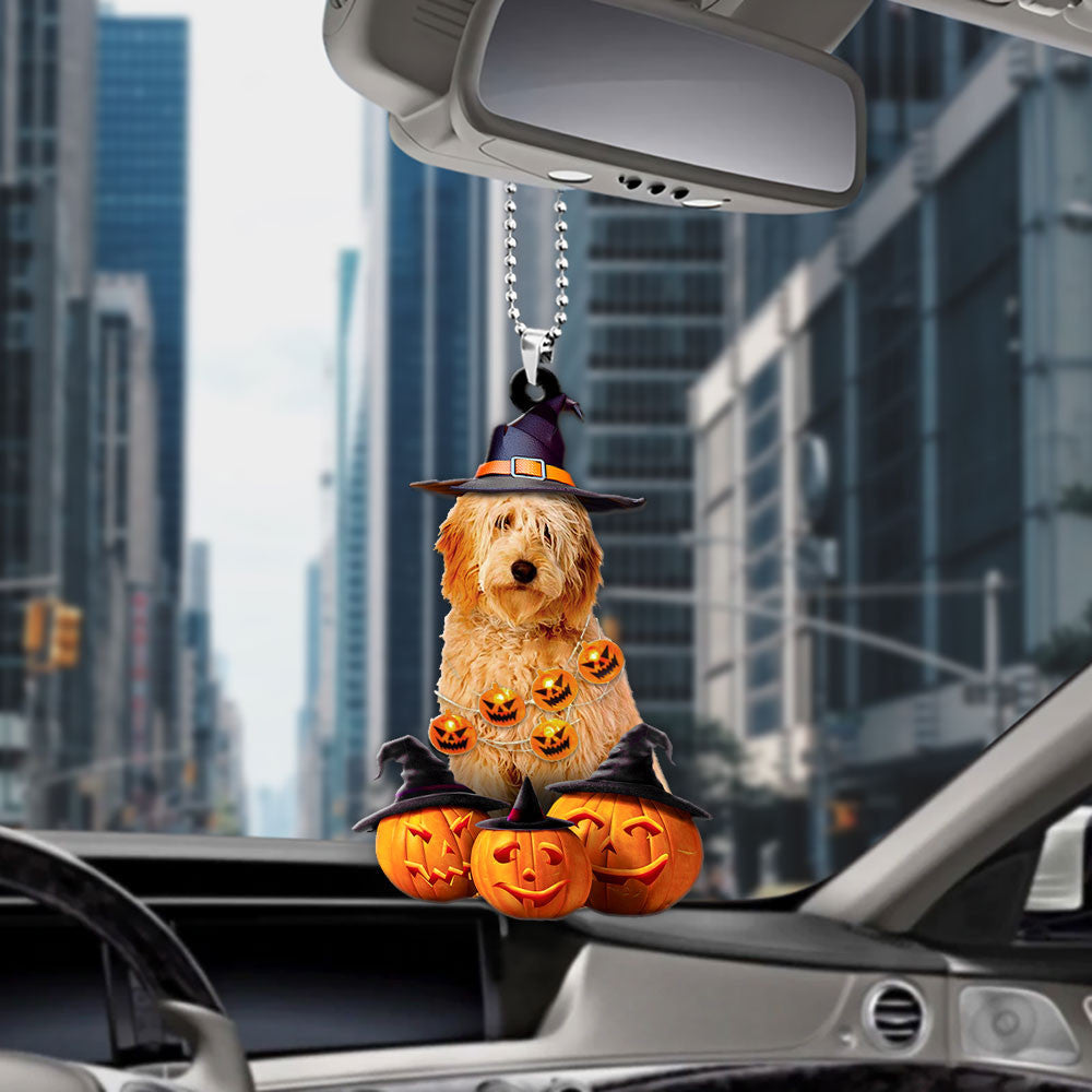 Goldendoodle Dog Halloween Pumpkin Scary Car Ornament