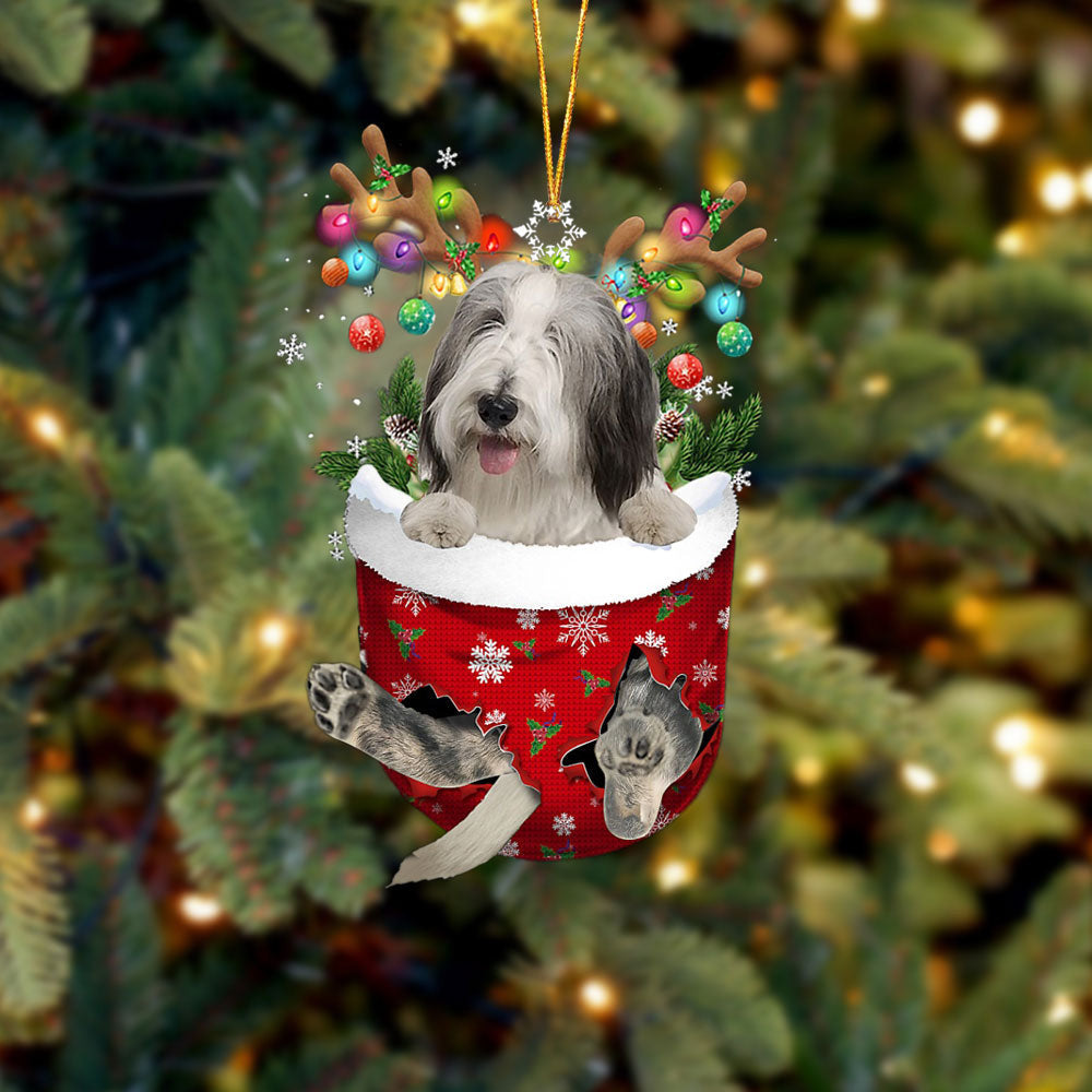 Bearded Collie In Snow Pocket Christmas Ornament Flat Acrylic Dog Ornament