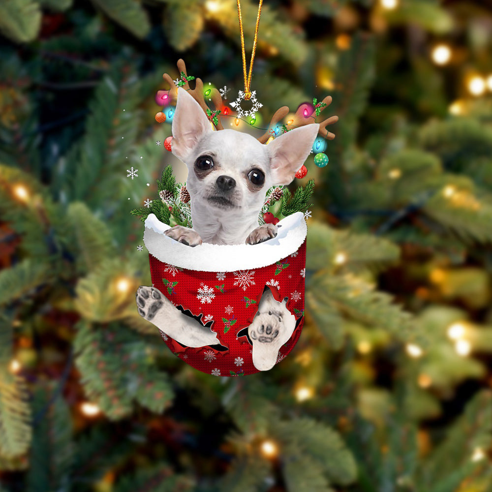 WHITE Chihuahua In Snow Pocket Christmas Ornament Flat Acrylic Dog Ornament