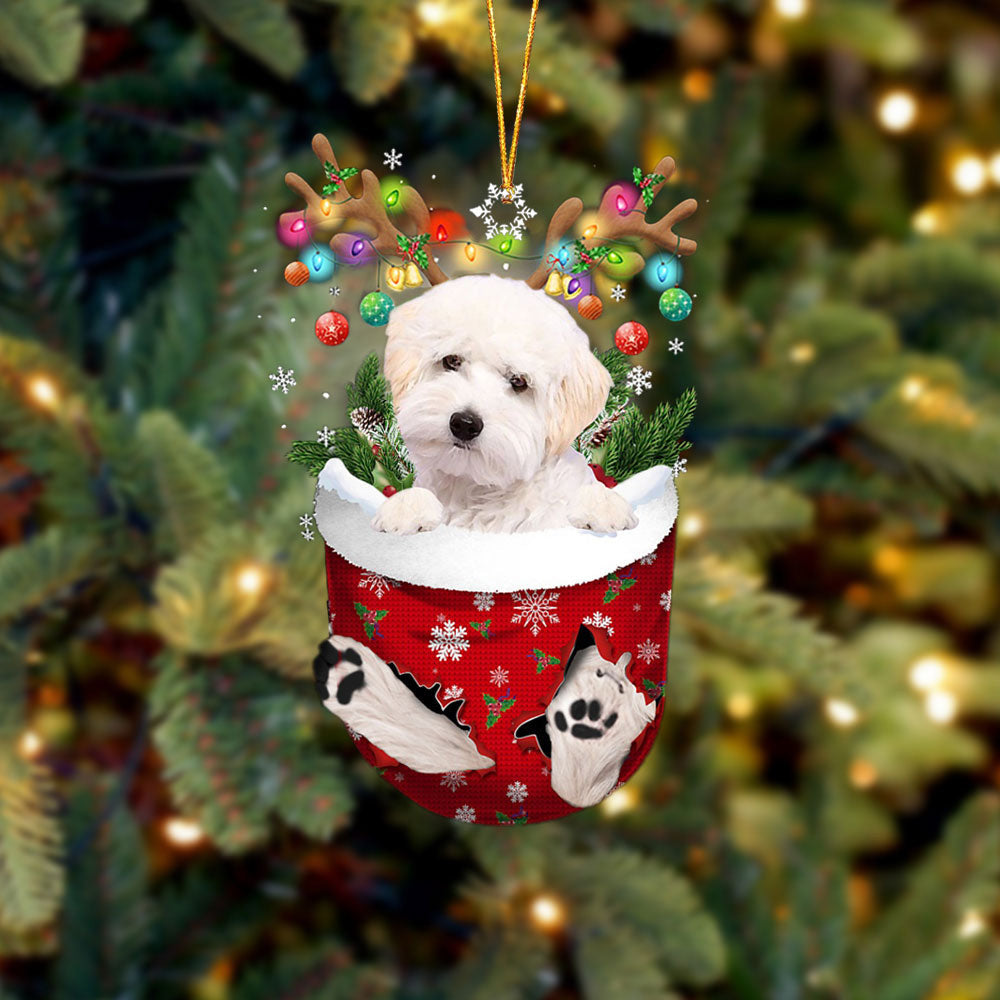 WHITE Maltipoo In Snow Pocket Christmas Ornament Flat Acrylic Dog Ornament