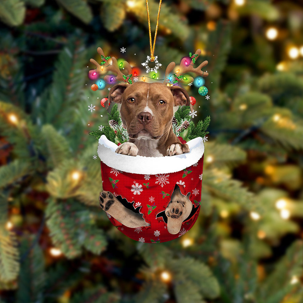 BROWN Pitbull In Snow Pocket Christmas Ornament Flat Acrylic Dog Ornament