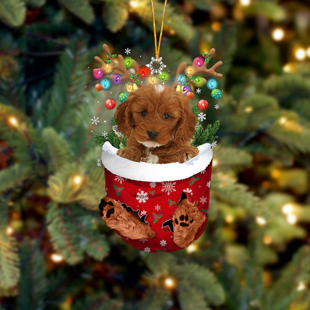 RED Cockapoo In Snow Pocket Christmas Ornament Flat Acrylic Dog Ornament