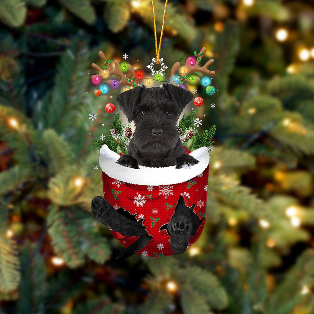 BLACK Miniature Schnauzer In Snow Pocket Christmas Ornament Flat Acrylic Dog Ornament