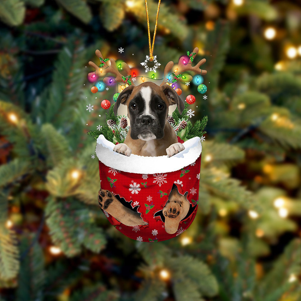 BROWN Boxer In Snow Pocket Christmas Ornament Flat Acrylic Dog Ornament