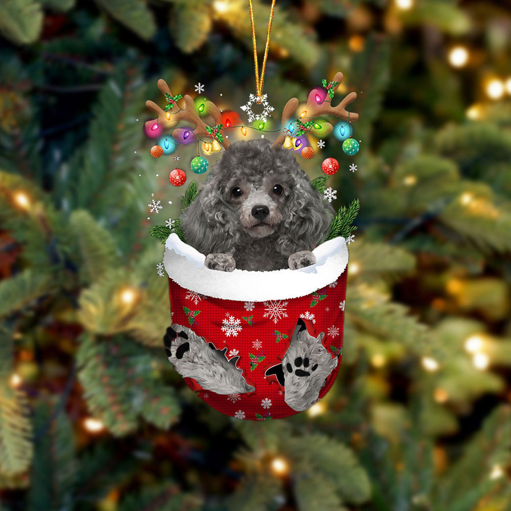 SILVER Miniature Poodle In Snow Pocket Christmas Ornament Flat Acrylic Dog Ornament