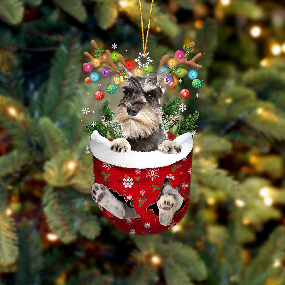 GREY Miniature Schnauzer In Snow Pocket Christmas Ornament Flat Acrylic Dog Ornament