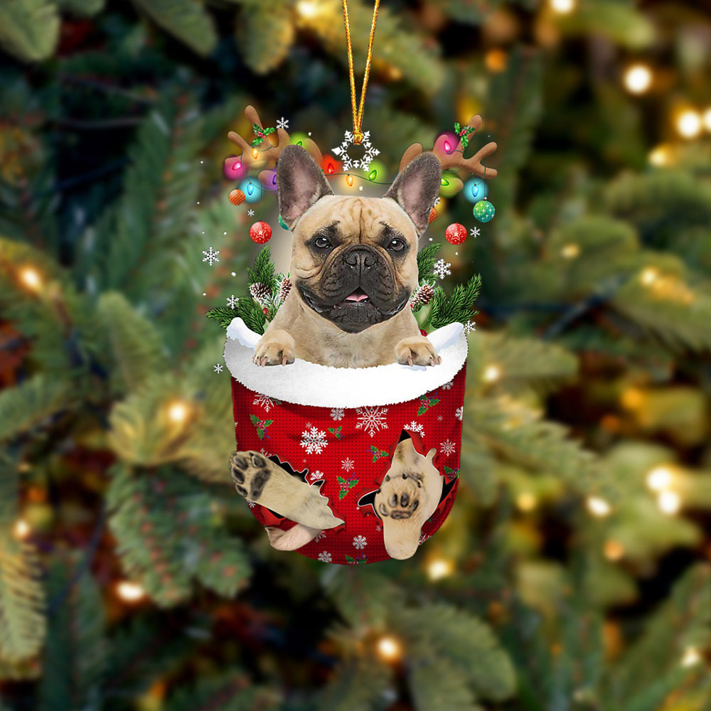 Fawn French Bulldog In Snow Pocket Christmas Ornament Flat Acrylic Dog Ornament