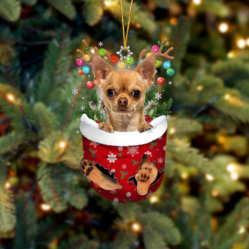 TAN Chihuahua In Snow Pocket Christmas Ornament Flat Acrylic Dog Ornament
