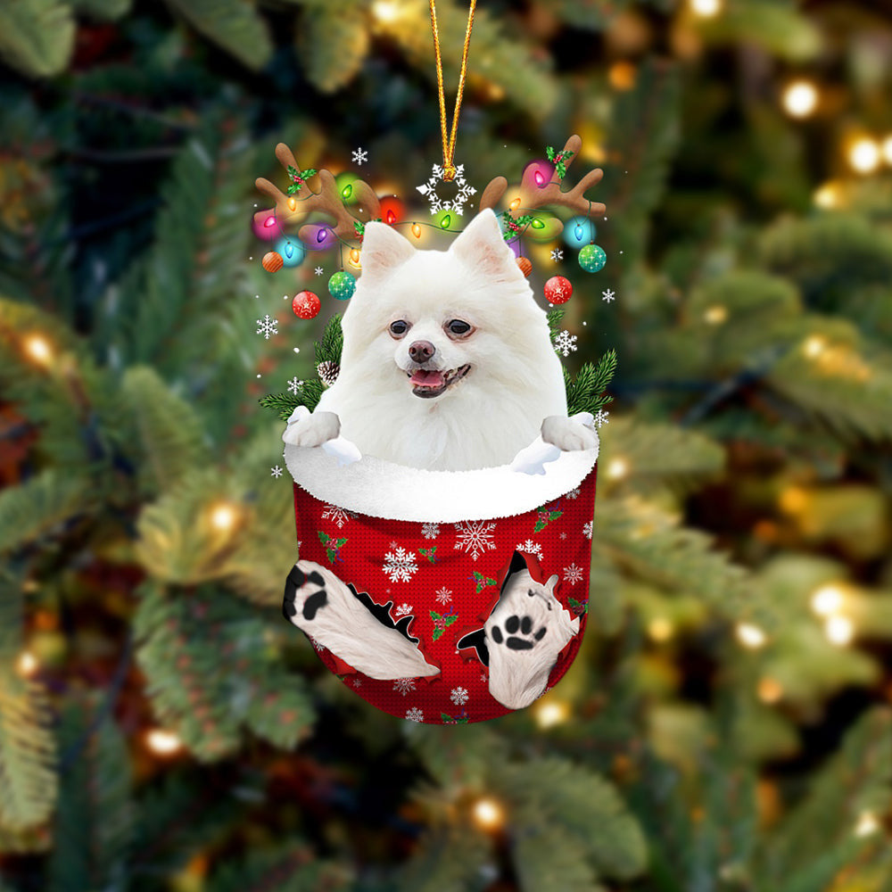 WHITE Pomeranian In Snow Pocket Christmas Ornament Flat Acrylic Dog Ornament