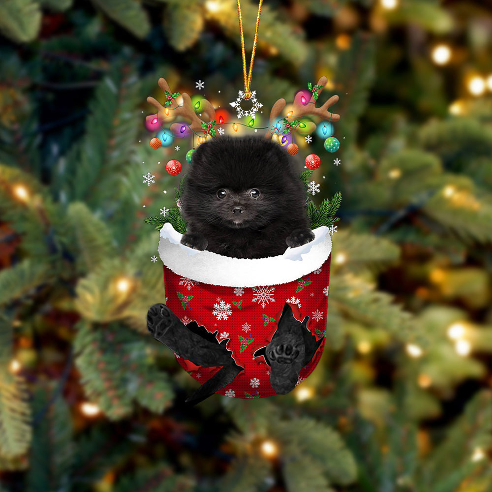 BLACK Pomeranian In Snow Pocket Christmas Ornament Flat Acrylic Dog Ornament