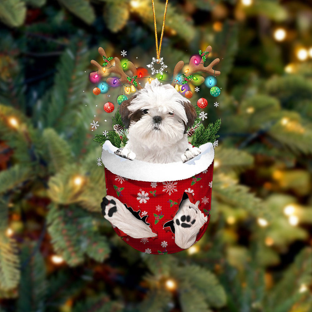 WHITE Shih Tzu In Snow Pocket Christmas Ornament Flat Acrylic Dog Ornament