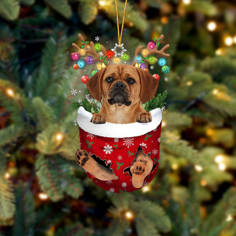 Puggle In Snow Pocket Christmas Ornament Flat Acrylic Dog Ornament