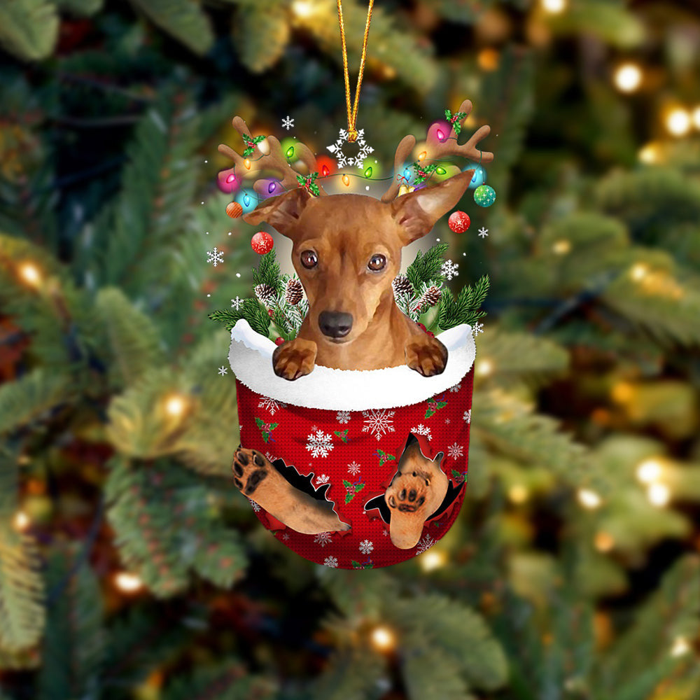RED Miniature Pinscher In Snow Pocket Christmas Ornament Flat Acrylic Dog Ornament
