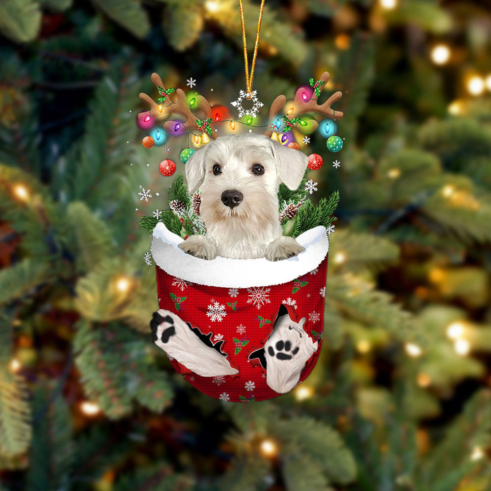 WHITE Miniature Schnauzer In Snow Pocket Christmas Ornament Flat Acrylic Dog Ornament