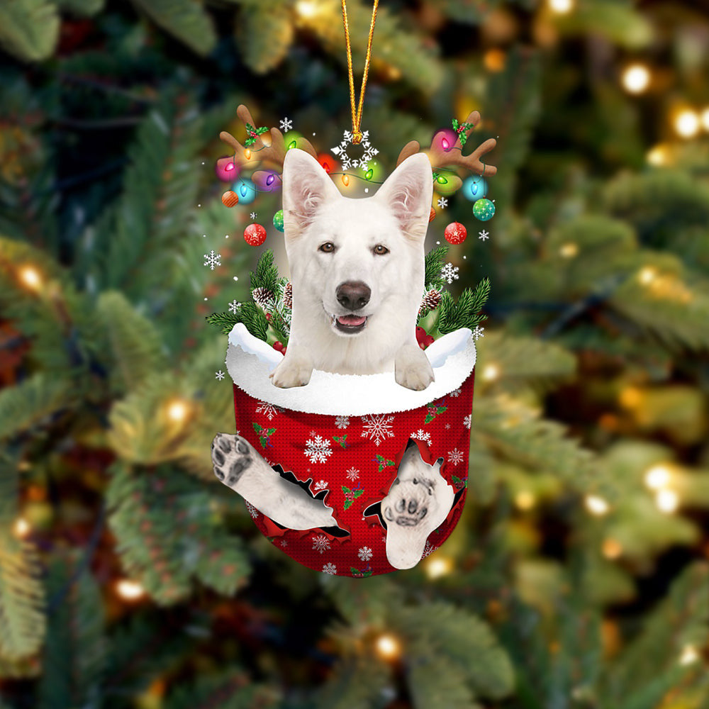 WHITE German Shepherd In Snow Pocket Christmas Ornament Flat Acrylic Dog Ornament