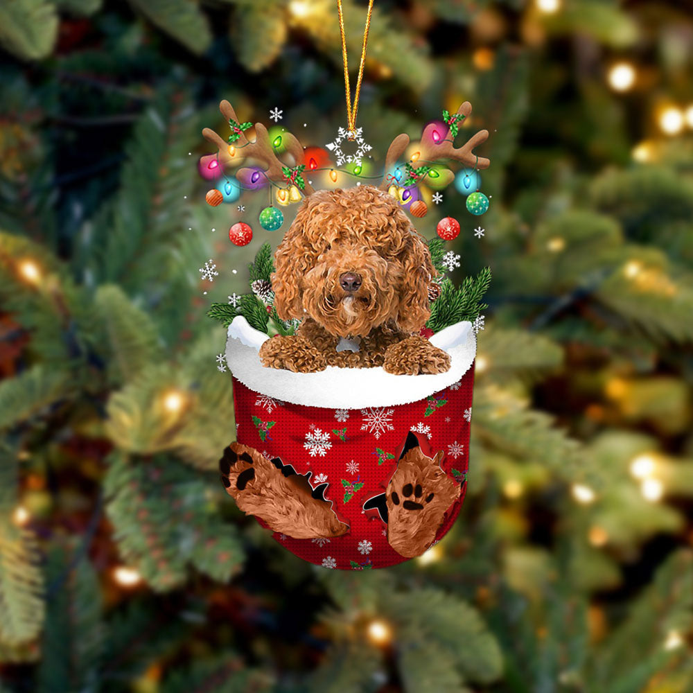RED Labradoodle In Snow Pocket Christmas Ornament Flat Acrylic Dog Ornament
