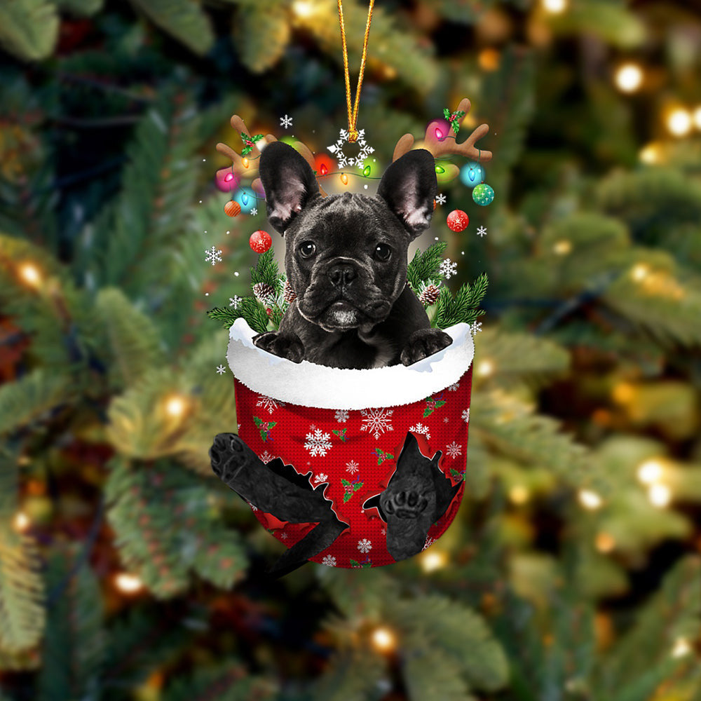 BLACK French Bulldog In Snow Pocket Christmas Ornament Flat Acrylic Dog Ornament