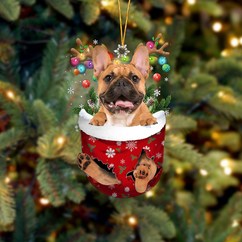 brown French Bulldog In Snow Pocket Christmas Ornament Flat Acrylic Dog Ornament