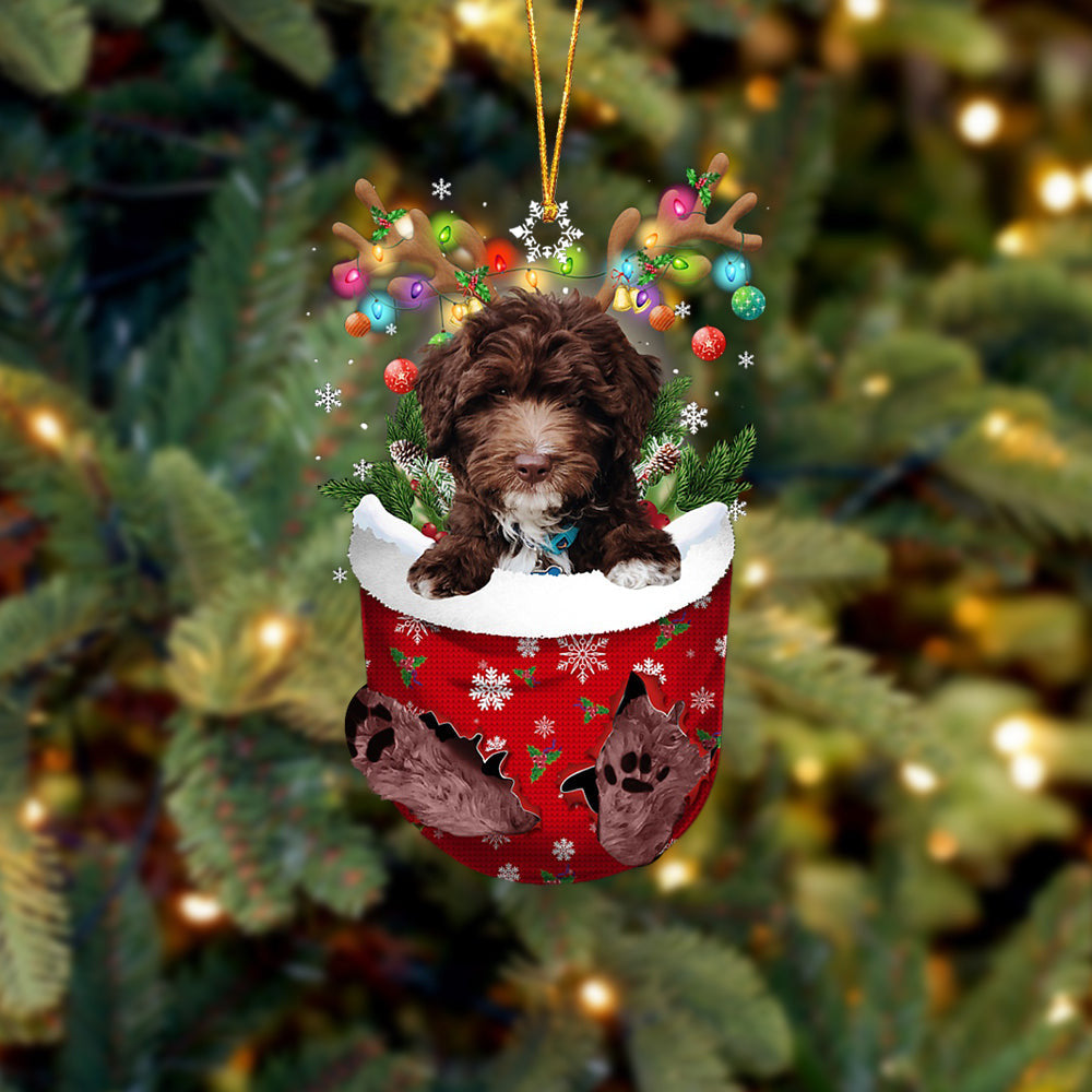 CHOCOLATE goldendoodle In Snow Pocket Christmas Ornament Flat Acrylic Dog Ornament